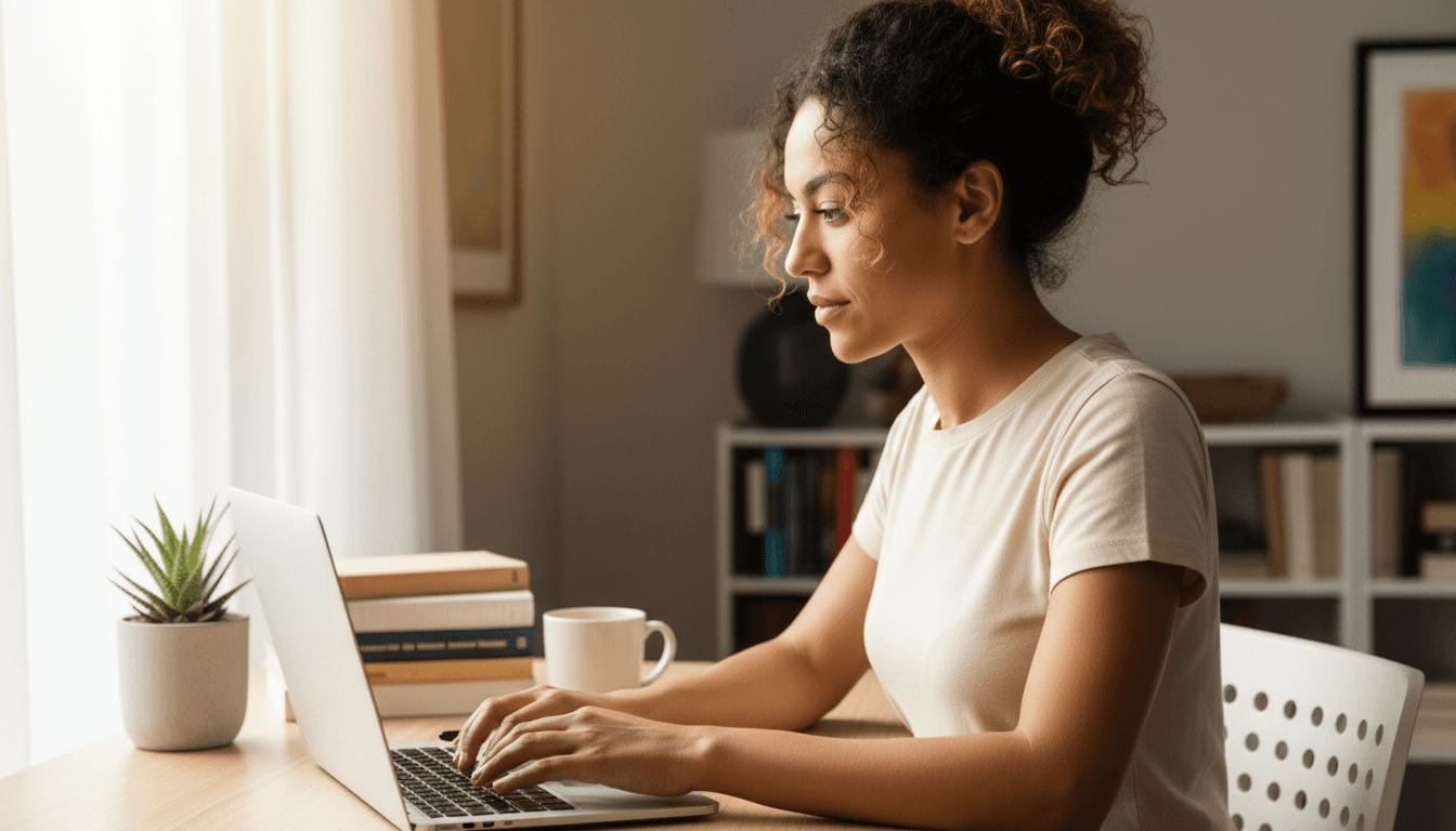 Happy professional working on laptop